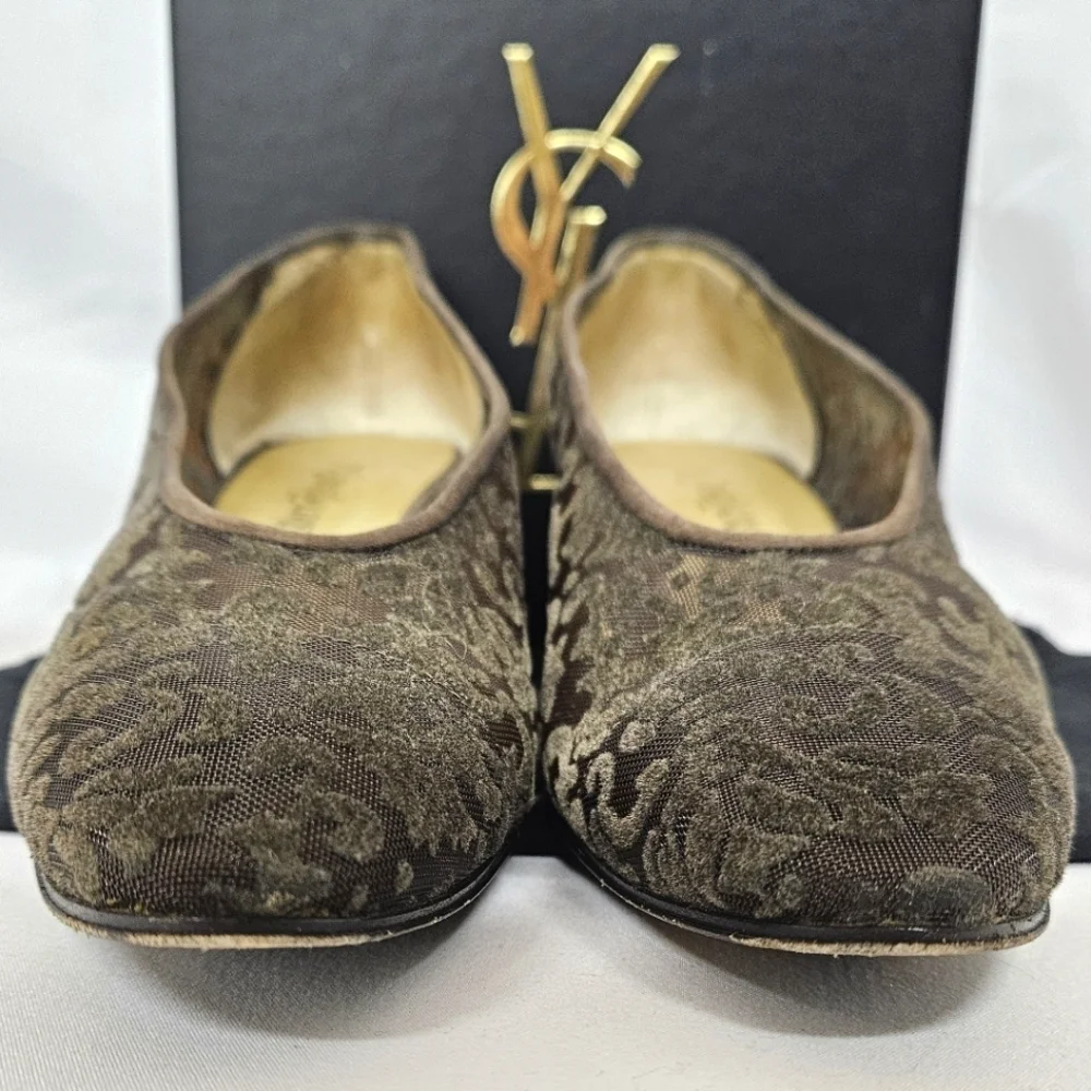 Saint Laurent Almond Toe Kitten Heels In Brown Suede And Velvet Mesh Size 9 - Picture 2 of 12